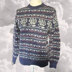 Vintage Acrylic Rose patterned Grandma Knit Sweater size Medium